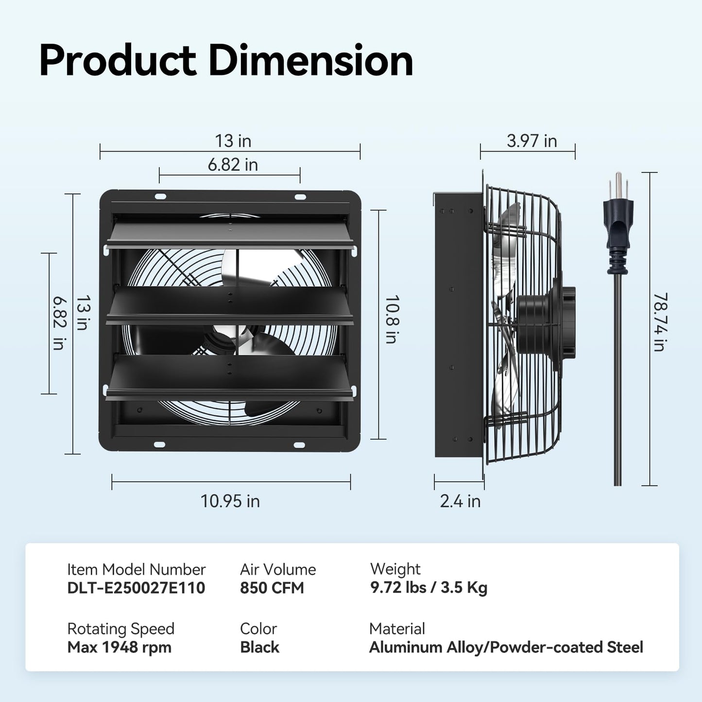 Addlon 10 Inch Shutter Exhaust Fan Wall Mounted With Ec Motors And Remote Control, Timer, 8 Speeds, 850Cfm, Low Noise, Easy To I