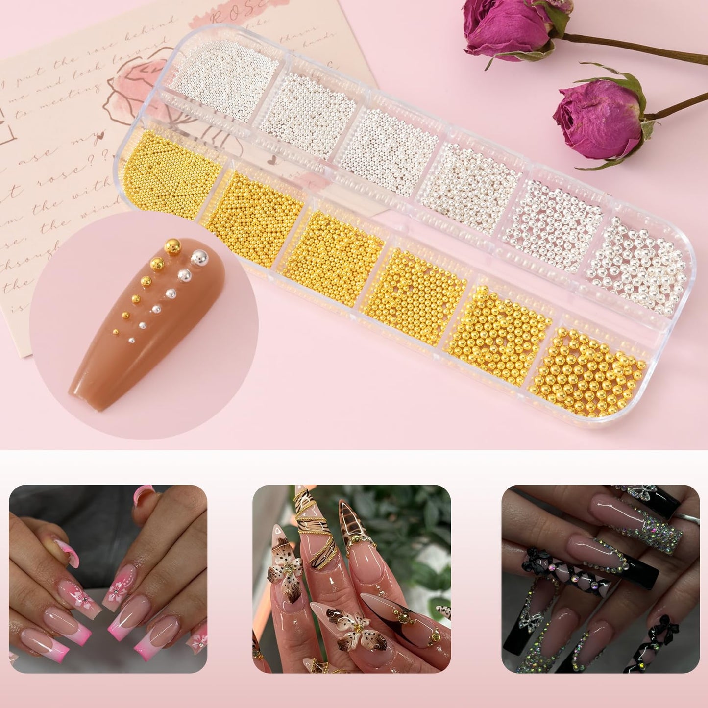 OPMADM 3 Boxes Nail Charms and Gems Nail Art Charms Charms for Nails Design Rhinestones for Nails Caviar Beads Pearls
