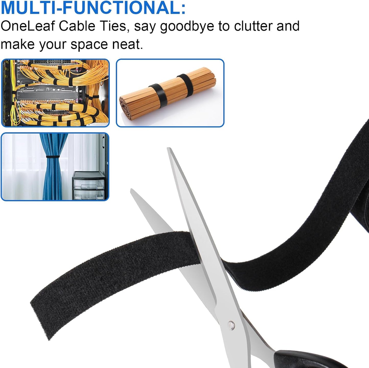 OneLeaf Fastening Cable Management Roll, Reusable Multi-Purpose Cords Management, Double Sided Hook and Loop Cable Ties Roll,Cut to Length Straps, Black Heavy Duty Wire Management