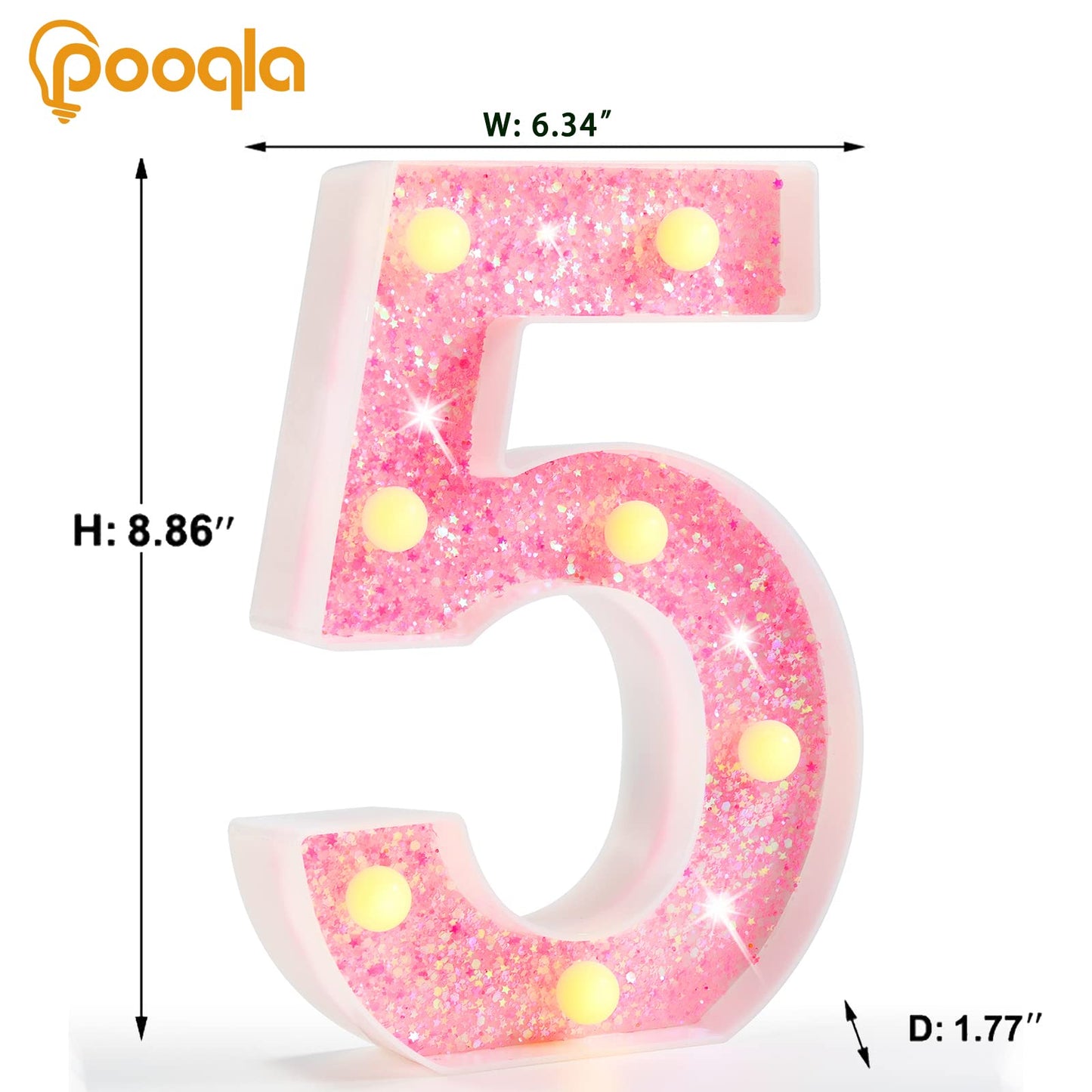 Pooqla Marquee Number Lights, Pink LED Number 5, Battery Powered Glitter Decoration for Birthday, Christmas, Wedding, Home Bar