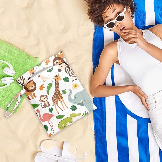 Wet Bag for Swimsuit Travel Pool Baby Cloth Diapers Dirty Yoga Gym Clothes Beach Bags Summer Gifts for Women Men Beach Vacation Essentials Jungle Animals Waterproof Wet Dry Bag Travel Laundry Bags