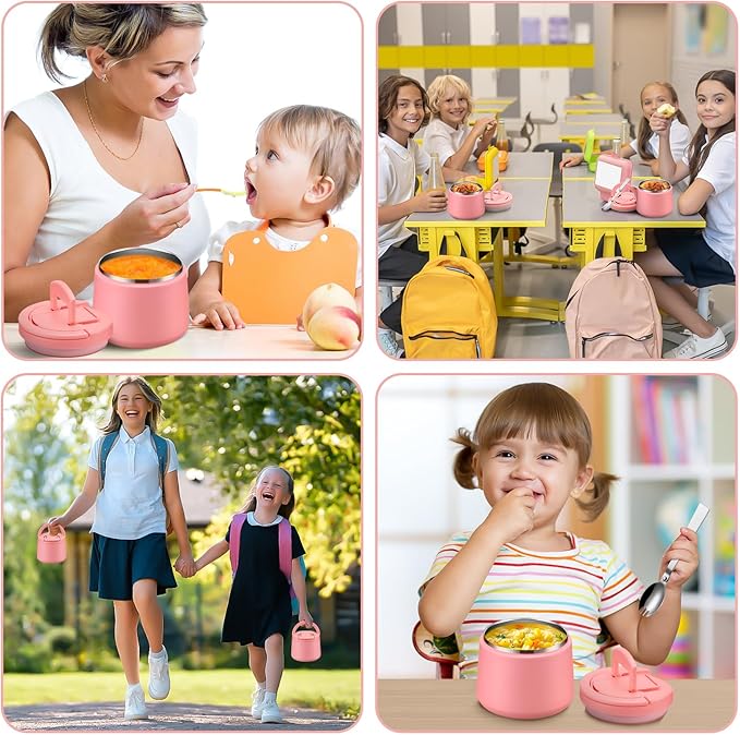 Kids Thermo for Hot Food, 14oz Insulated Soup Jar, Stainless Steel Lunch Box with Leakproof Lid & Spoon, Vacuum Insulated Bento Container (Dark Pink)