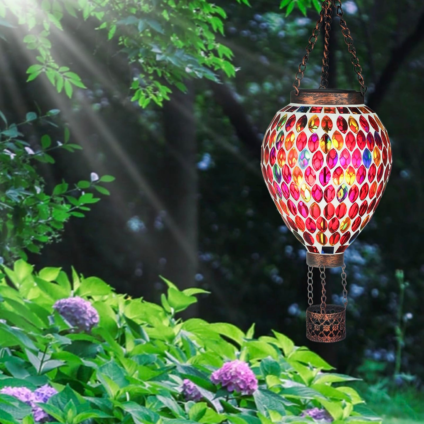 Voreen Hot Air Balloon Solar Lantern Handmade Mosaic Solar Outdoor Hanging Wind Light Waterproof Patio Festive Decor Gift For Mom Wife Friend Red