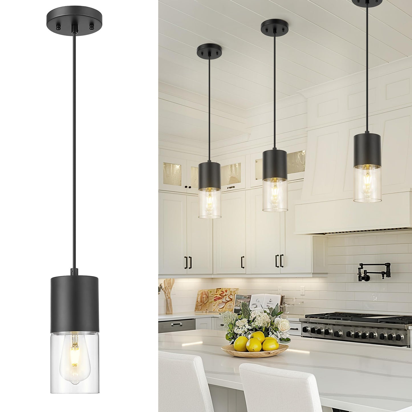 Audickic Black Pendant Lights Kitchen Island, Modern Hanging Lights Fixtures with Cylinder Clear Glass, Industrial Kitchen Penda
