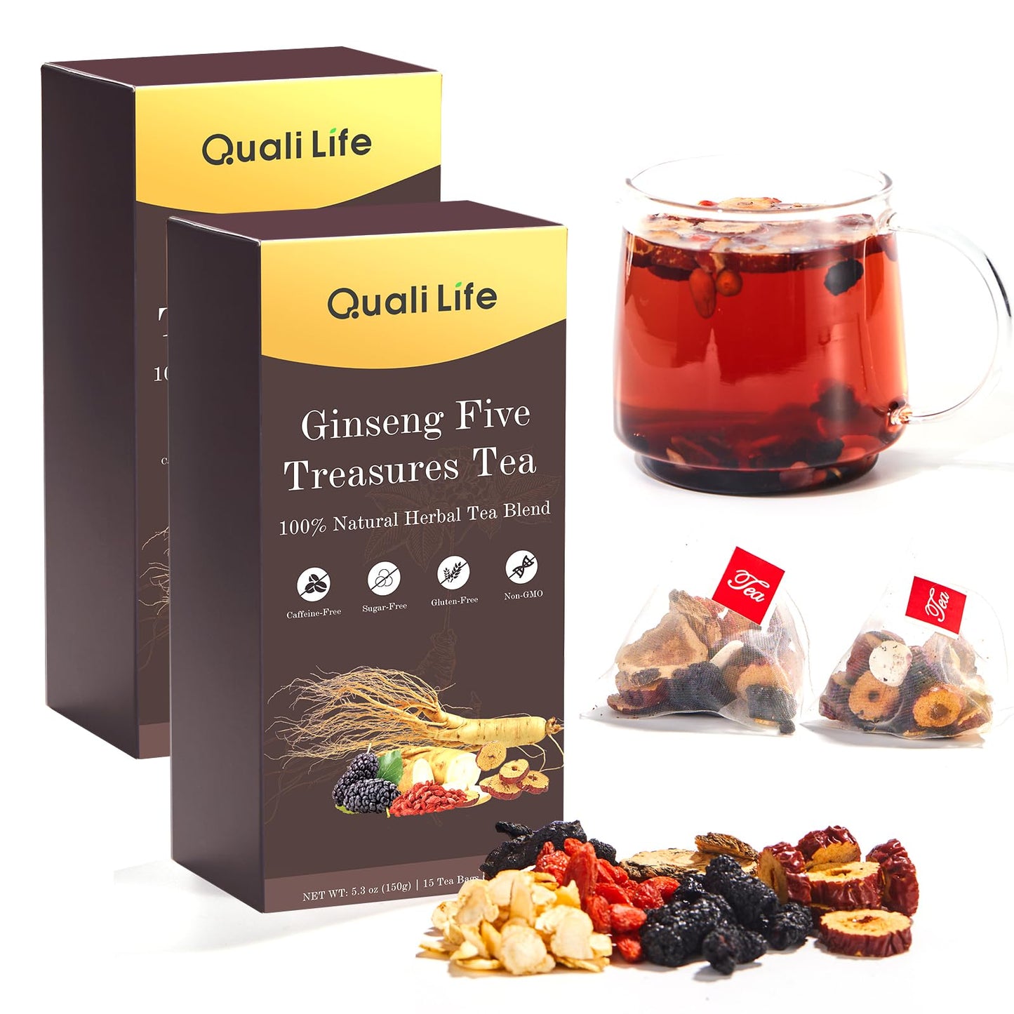 Ginseng Five Treasures Herbal Tea Bags, Traditional Chinese Herbal Blend with 7 Ingredients, Natural Tea for Women & Men (2 Pack