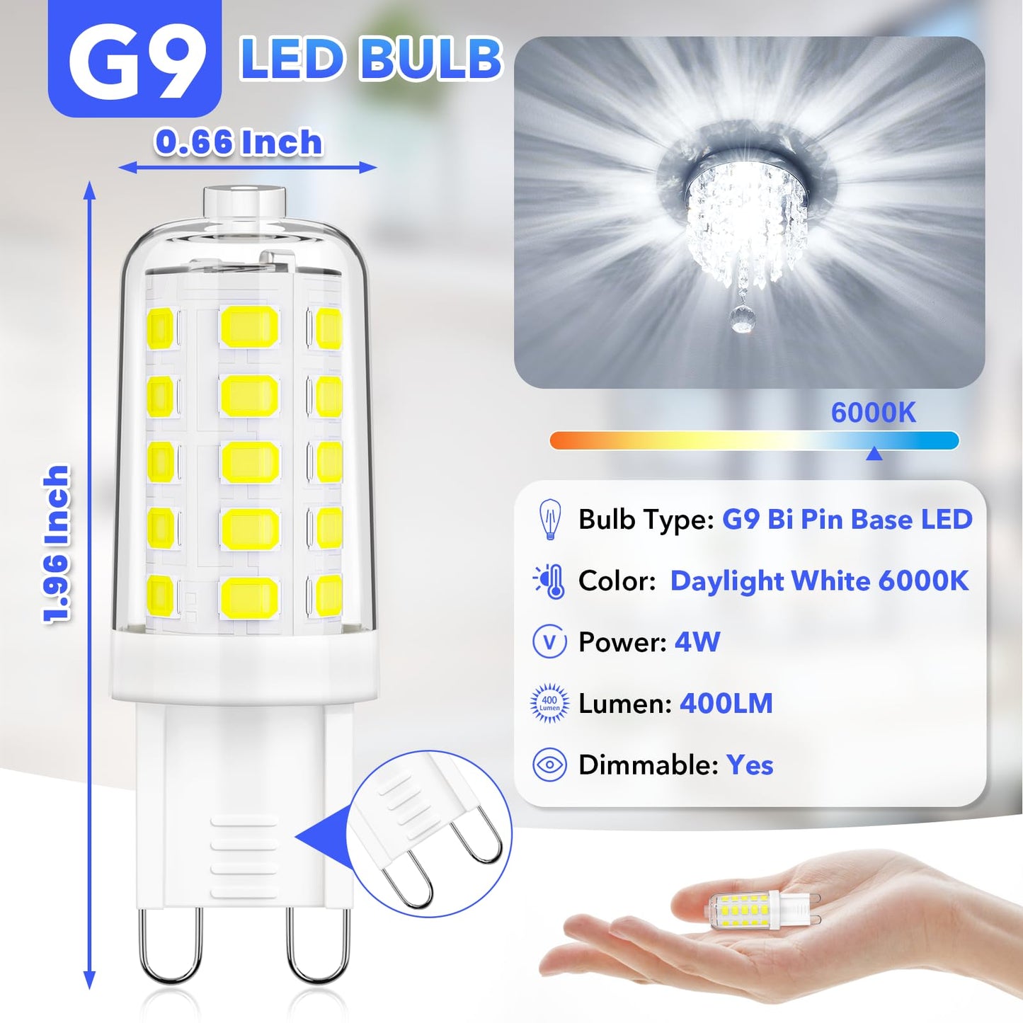 MAXvolador G9 LED Bulb Dimmable, Daylight White 6000K, 40W T4 Halogen Equivalent, Bi Pin Base 4W G9 Light Bulbs for Chandelier Lighting, 400LM, 6 Pack