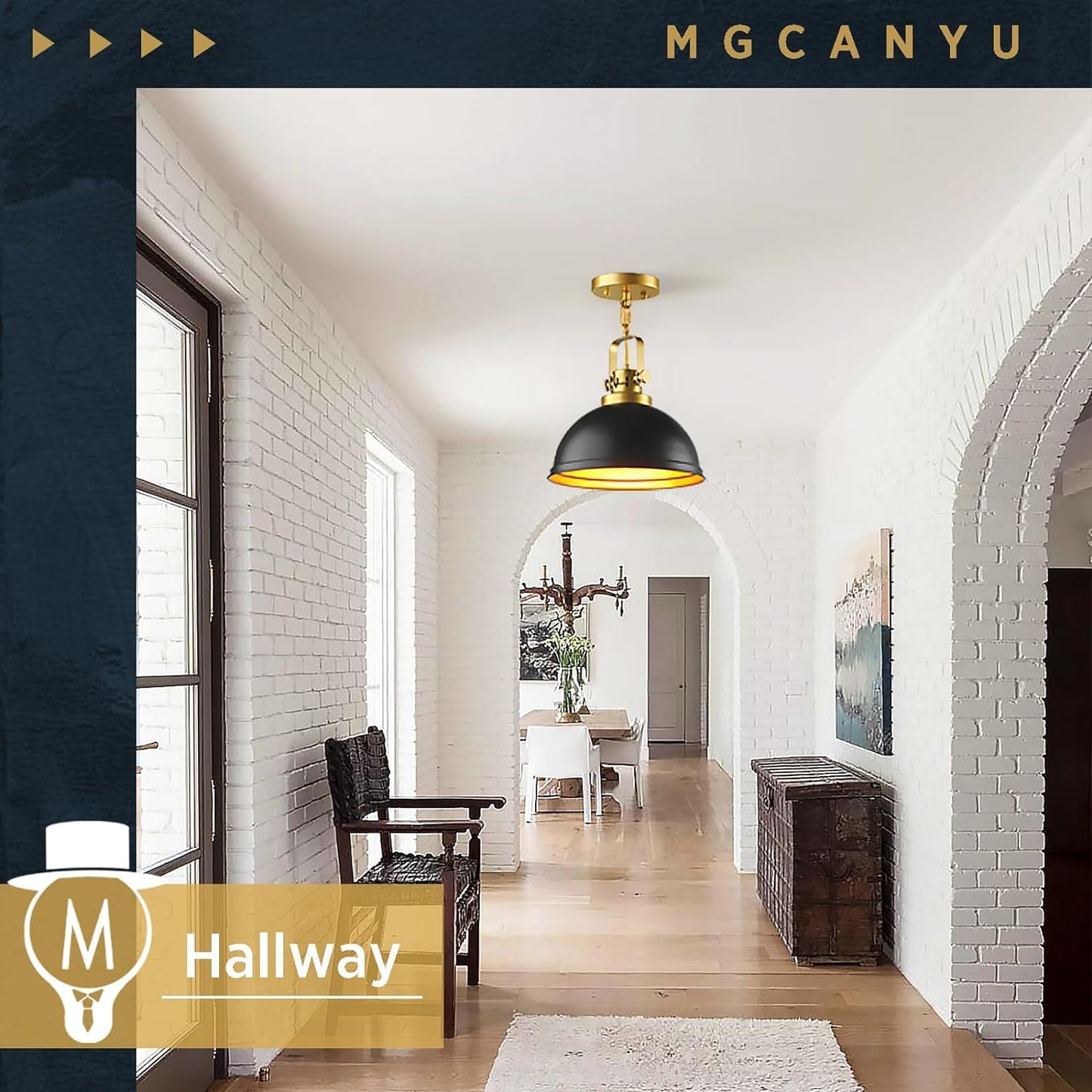 Mgcanyu 2-Pack Black Gold Pendant Lighting Farmhouse Metal Pendant Lights Modern Matte Black Dome Industrial Light Fixture For Kitchen Island Restaurant Dining Room Hallway Entrance