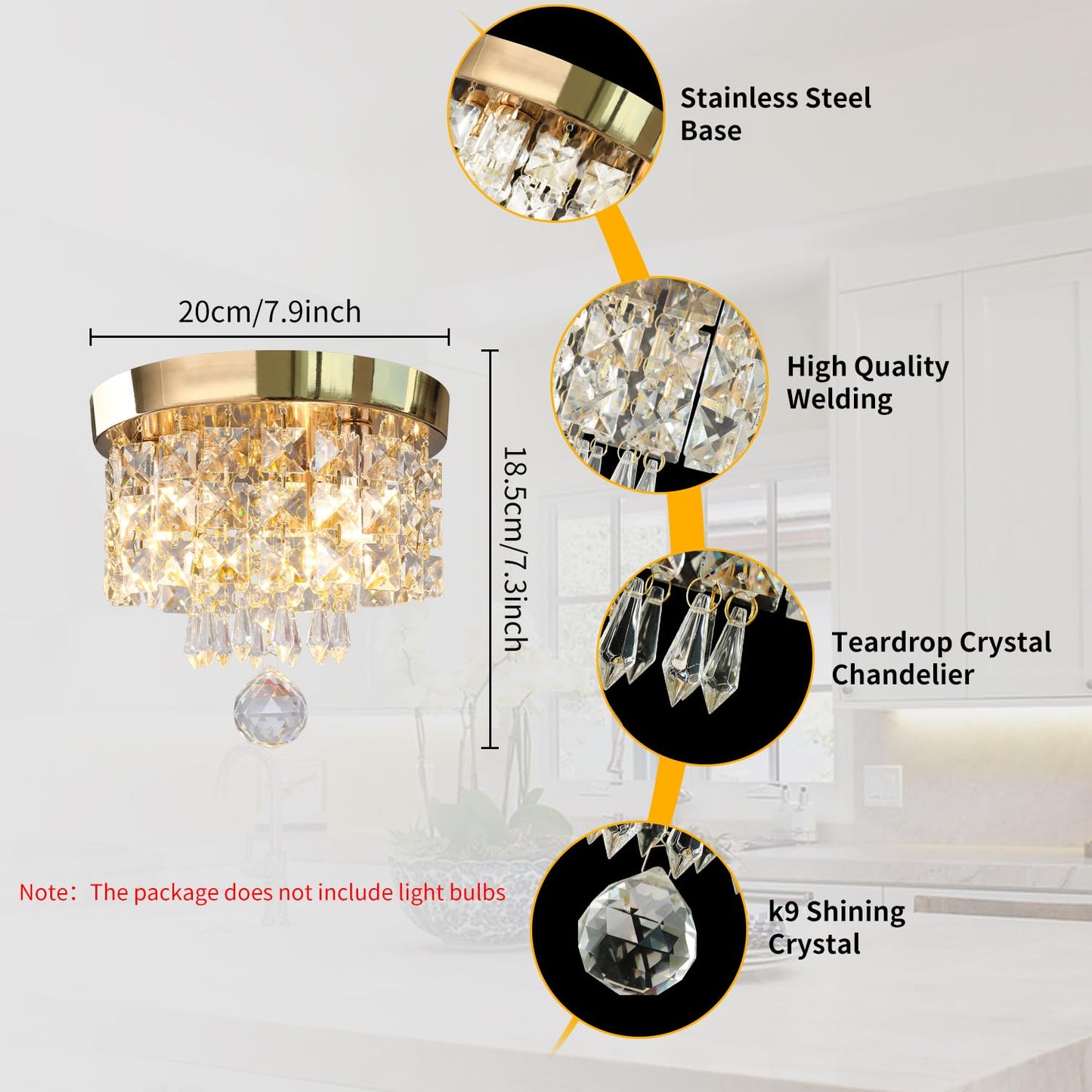 CRYSTOP Mini Crystal Chandelier Gold K9 Crystal Ceiling Light 8in x 7in Model 8818-G-N