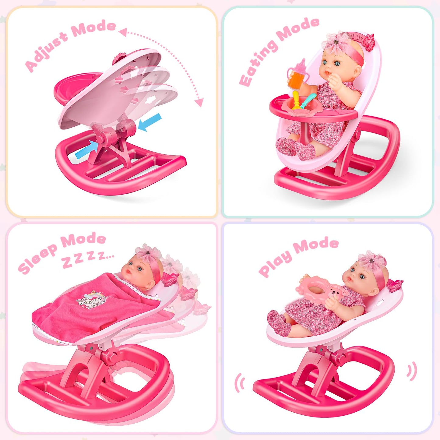deAO Baby Doll Playset Baby Doll Crib Bed Set Adjustable 2 in 1 Baby High Chair and Rocking Bed, Baby Doll Accessories with 13 Inch Dolls, Feeding Pretend Play Toy Gift for Toddler 3+ Years Old