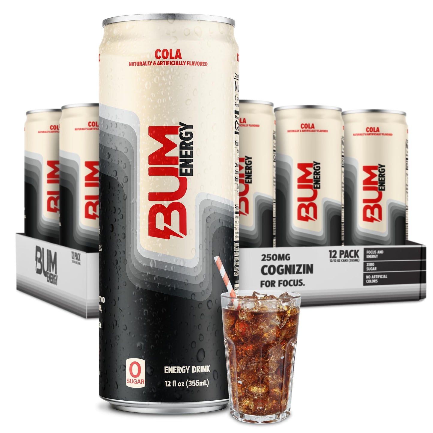 BUM Sugar-Free Energy Drink Cola - Lightly Carbonated & No Artificial Colors Natural Caffeine & Citicoline for Energy & Focus Brain Boost & Workout Sports Beverage - 12 oz Pack of 12