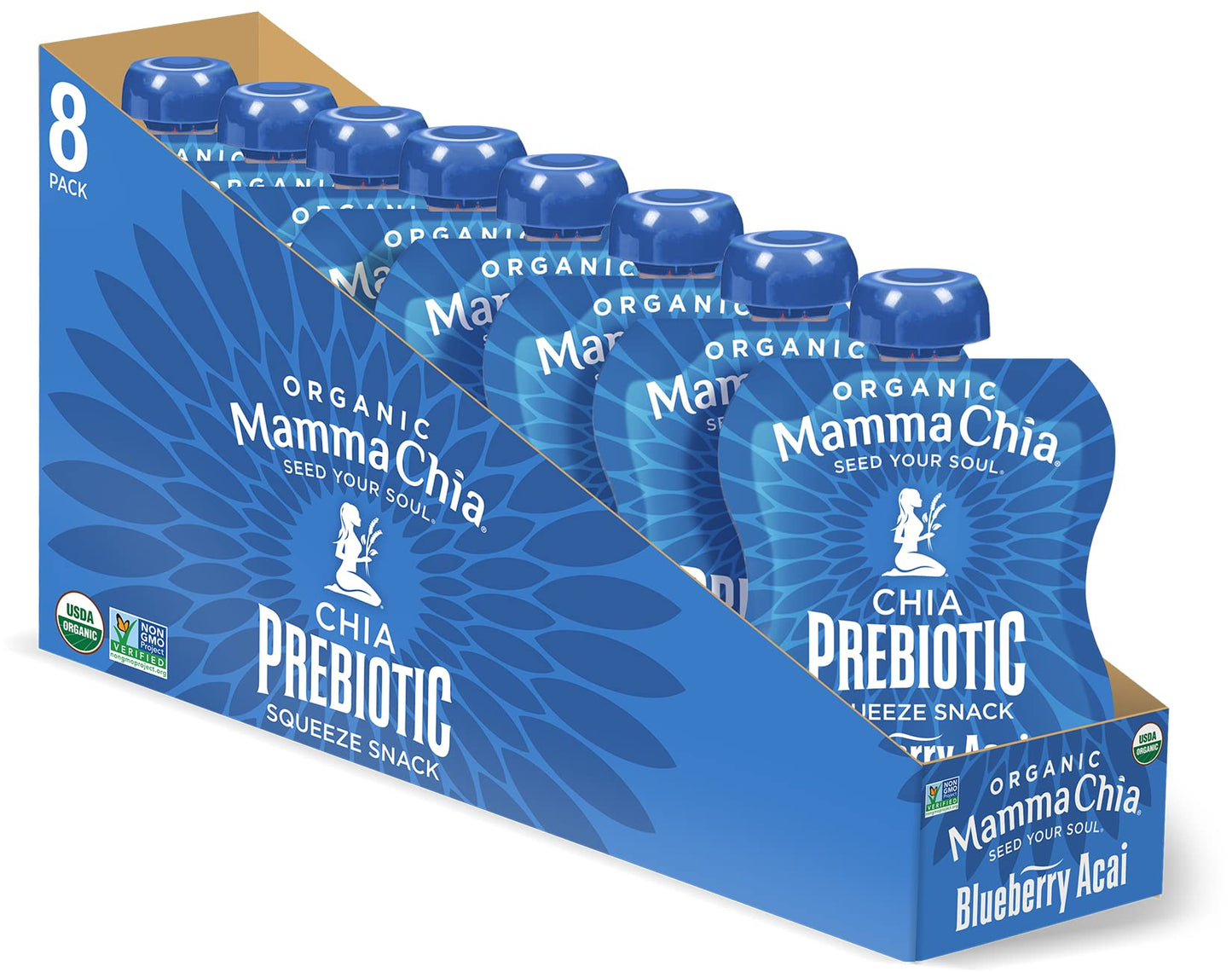 Mamma Chia Organic Prebiotic Squeeze Snack, Blueberry Acai, 16- 3.5 Ounce, Fiber-Rich Prebiotic Gut Support, USDA Organic, Non-G