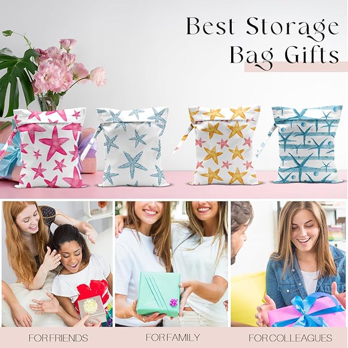 4 Pack Wet Bag for Swimsuit, Beach Travel Essentials Wet Dry Bag, for Sunscreen Toiletry Dirty Clothes Yoga Gym Diaper, Friend Summer Beach Vacation Gifts. starfish