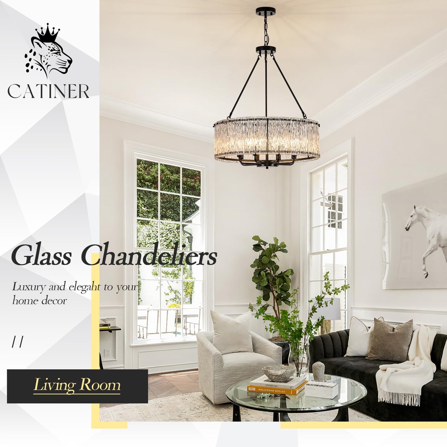 Modern Drum Chandelier 24.4 Black Crystal Glass Chandeliers 8-Light stylish Ceiling Pendant Lighting Fixture For Dining Room Foyer Living Room Bedroom