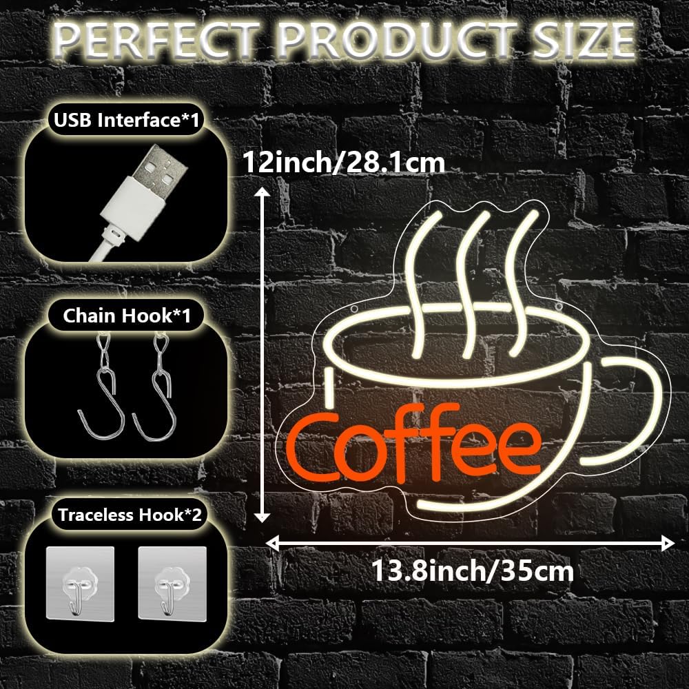 Coffee Neon Sign,Warm White Dimmable LED Light Signs for Wall Art Decor,Backdrop Gift for Coffee Bar/Shop/Station Man Cave Business USB Powered(13.8"*11.1")