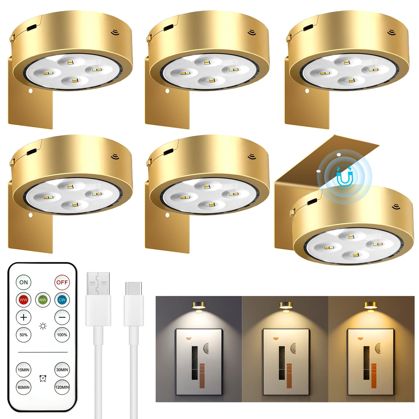 maylit 6 Pack Rechargeable Picture Lights, Battery Operated Sconces for Wall, Art Lighting for Paintings Wireless, Cordless Ligh
