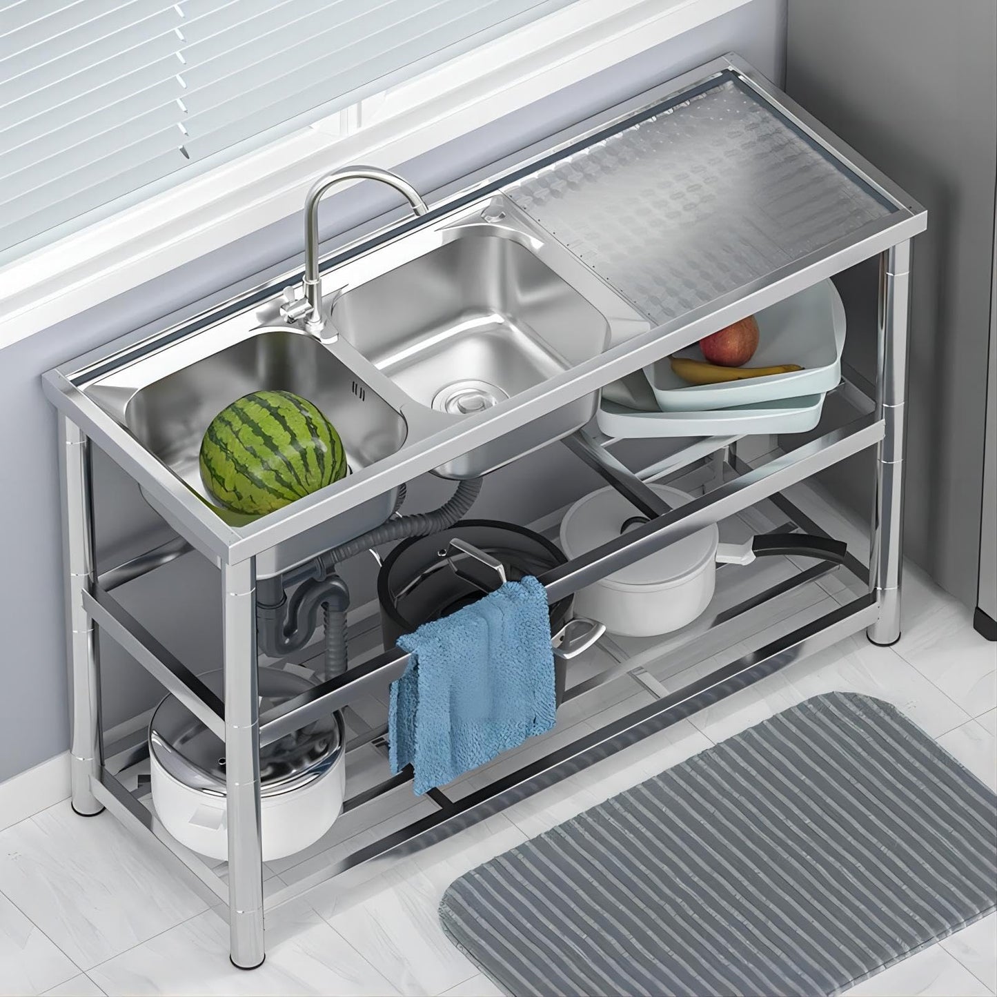 DuyviSteil 2-Compartment Commercial Sink, Stainless Steel Utility Sink with Dual-inlet Configuration Faucet Workbench & Storage, Free Standing Double Bowl for Restaurant, Garage, Shop, Outoor(47in)