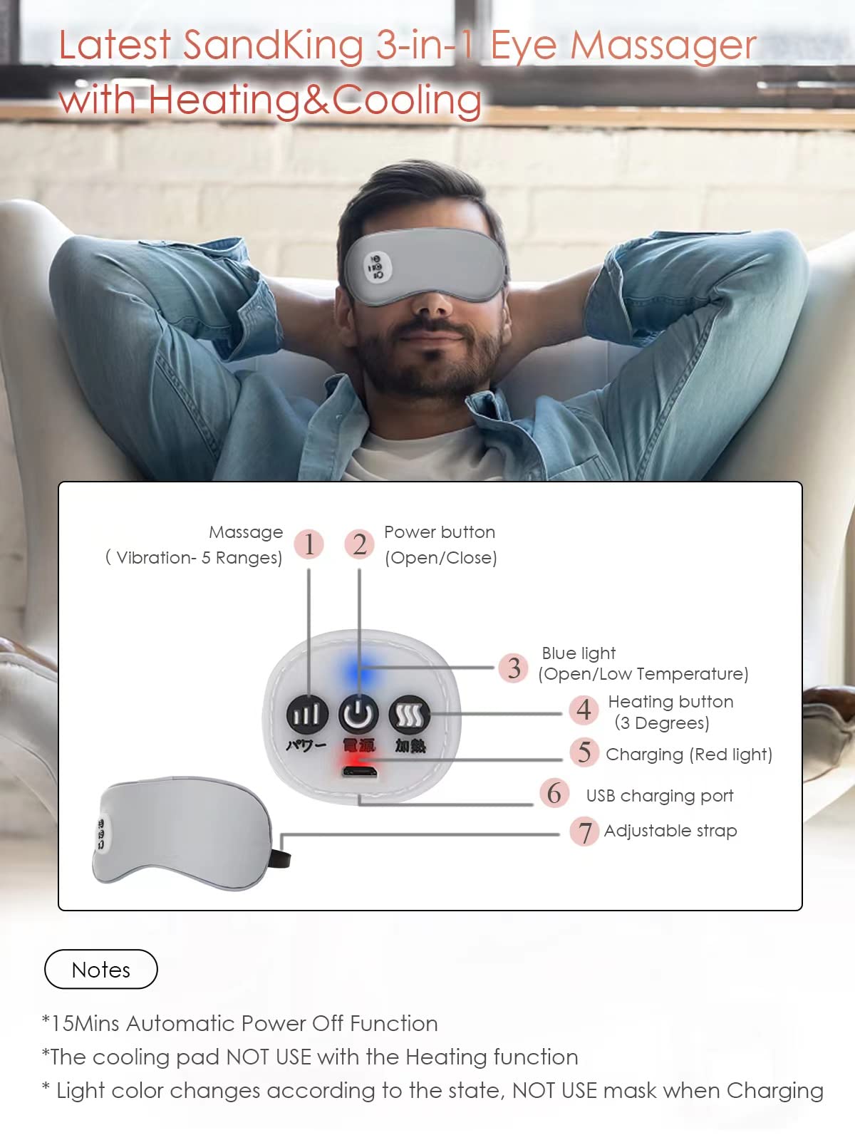 SandKing Wireless Heated Eye Massager with Cooling Eye Pad, Vibrating Heating Sleeping Mask for Men Women Kids -USB Charing Heated Eye Mask Electric for Dry Eyes, Relax,Travel