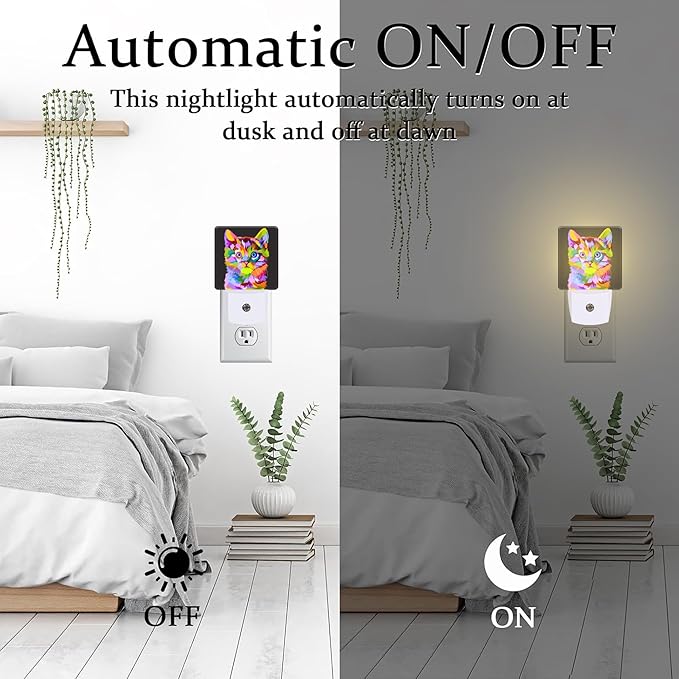 Cat on Pop Art Night Light Plug into Wall, Cute Colorful Cat Dusk to Dawn Night Light, 0.5w Energy Saving Sleep Friendly Nightlights for Kids Boys Girls Home Decor