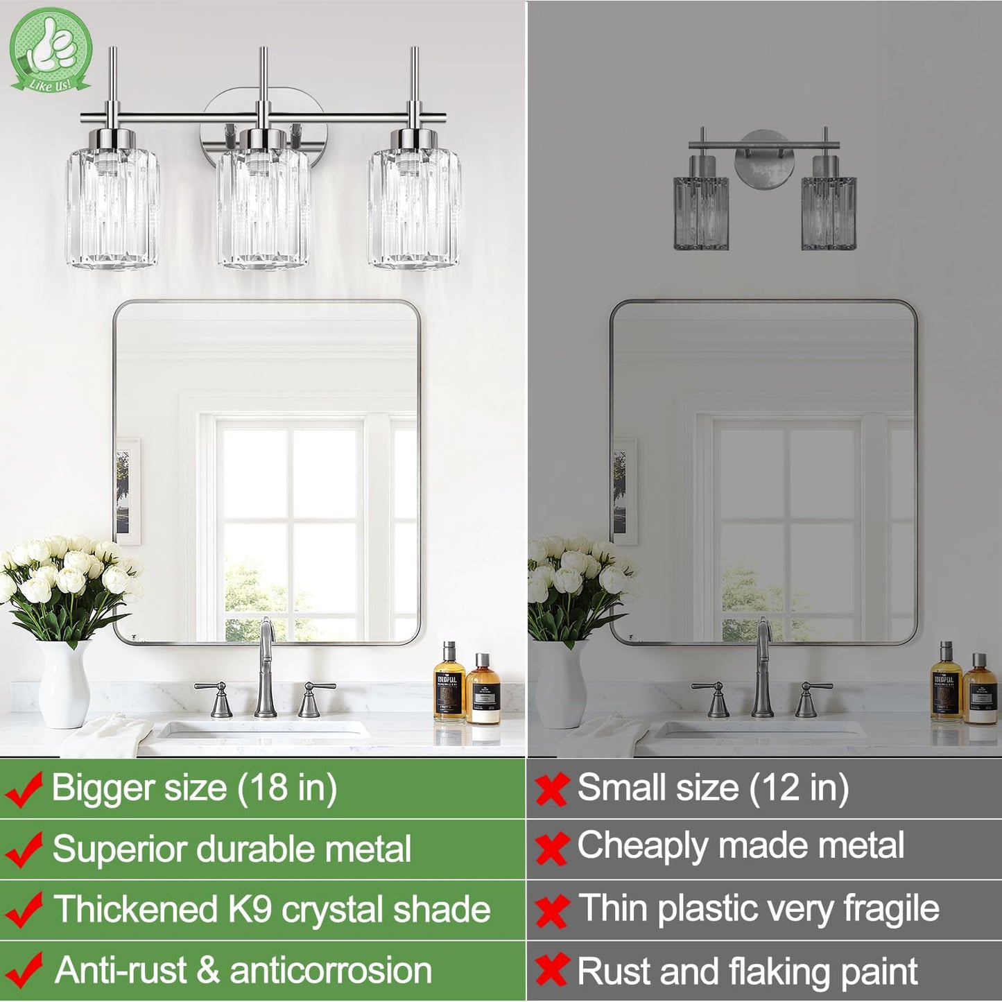 Meybiok Modern Crystal Bathroom Vanity Light, 3-Light Chrome Vanity Light with Clear K9 Crystal Shades, Bathroom Light Fixtures Over Mirror (Bulbs Not Included)