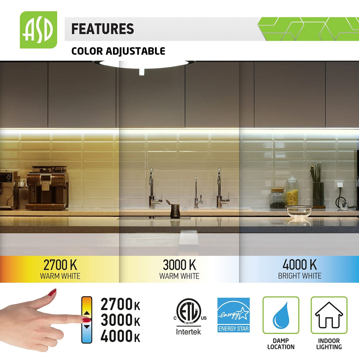Asd Swivel Led Under Cabinet Lighting 12 Inch 5W Hardwired Or Plug-In 2700K/3000K/4000K Selectable Rotatable Lens Dimmable Linkable Under Counter Lights For Kitchen Etl & Energy Star 4 Pack