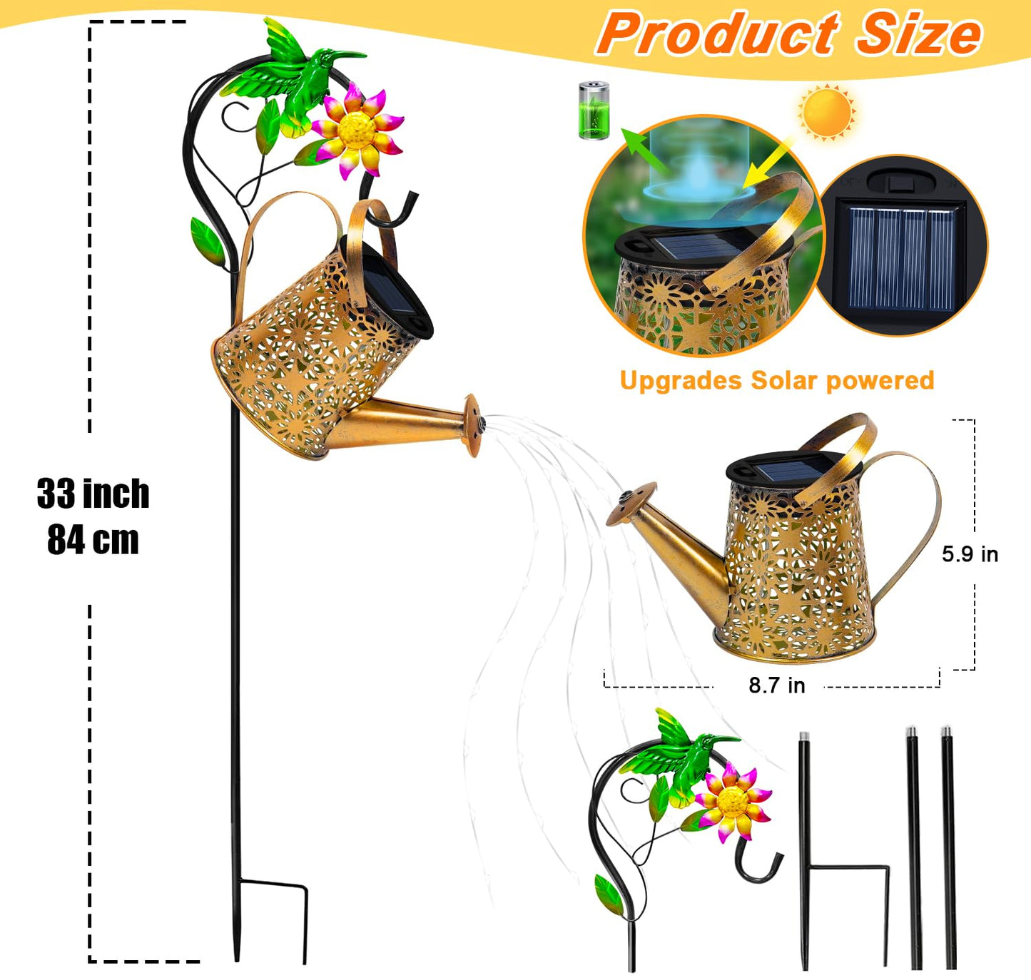 Solar Metal Watering Can With Hummingbrid Shepherd Hook And Cascading Lights - Outdoor Solar Lantern For Garden Yard Patio Decor And Gardening Gifts For Women MotherS Day