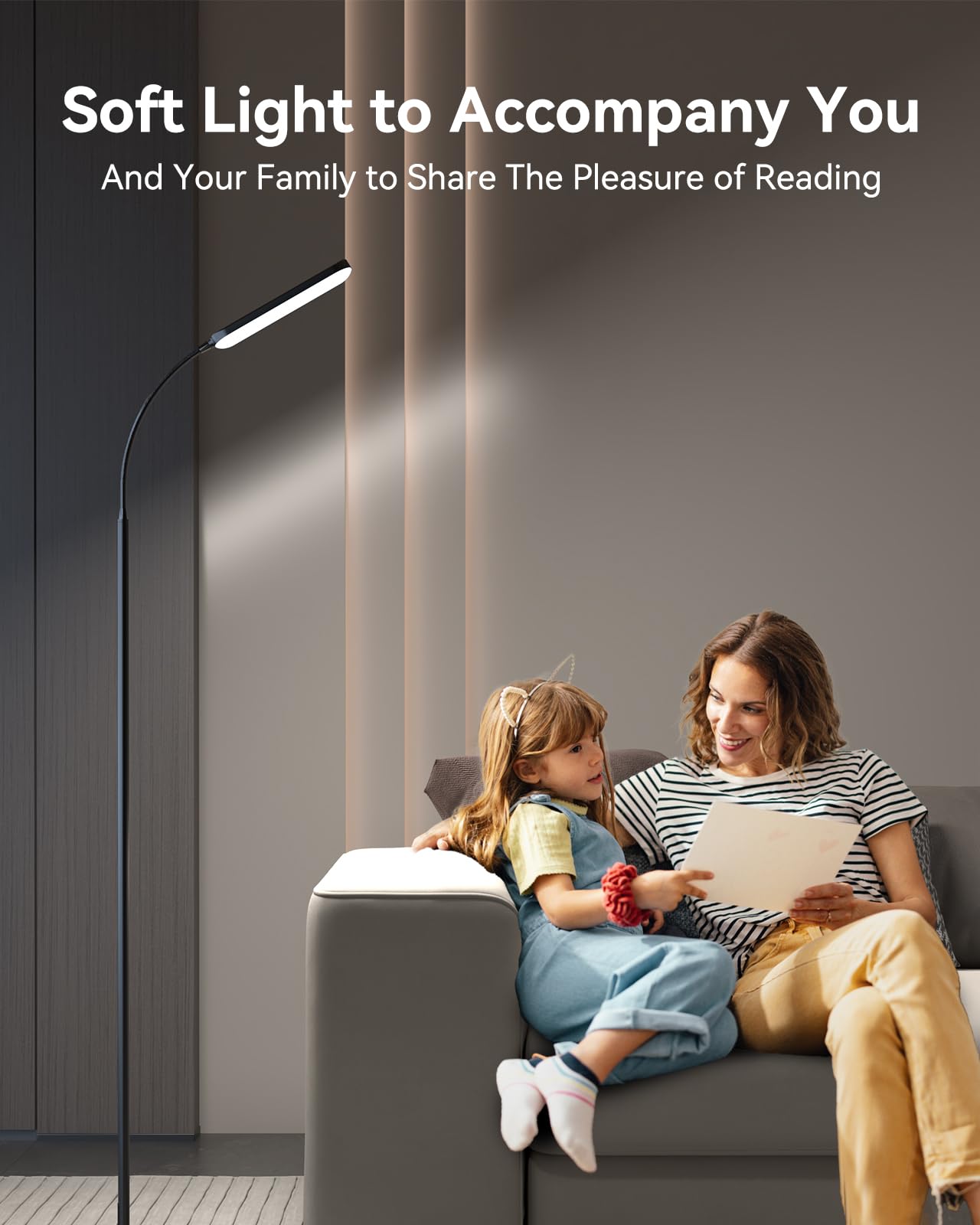 tigial Floor Lamp - 15W LED, Remote & Touch Control, Stepless Dimming, Adjustable Color Temperature, Black, Gooseneck Design