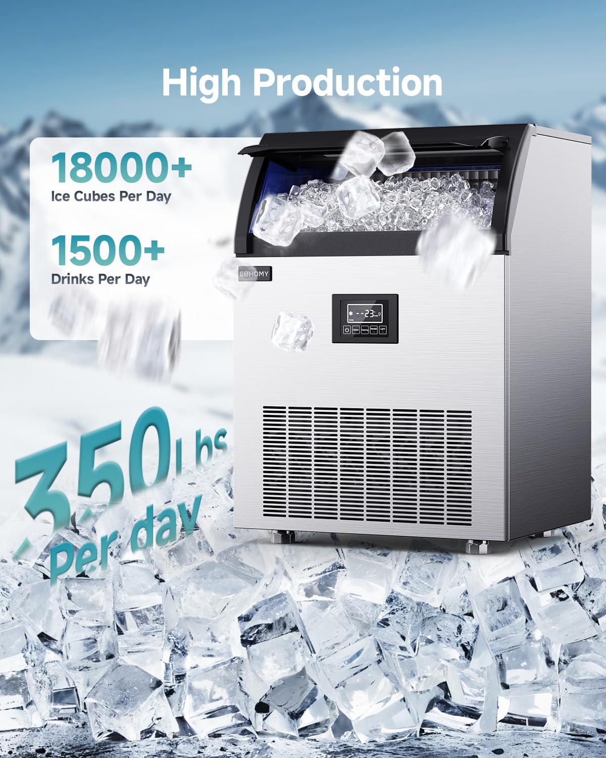 EUHOMY Commercial Ice Maker,350lbs/24H,Stainless Steel Under Counter Ice Machine with Water Filter,40lbs Storage Capacity, 126 Cubes in 8-12 Mins, Freestanding Ice Machine for Home/Bar/Cafe/Restaurant