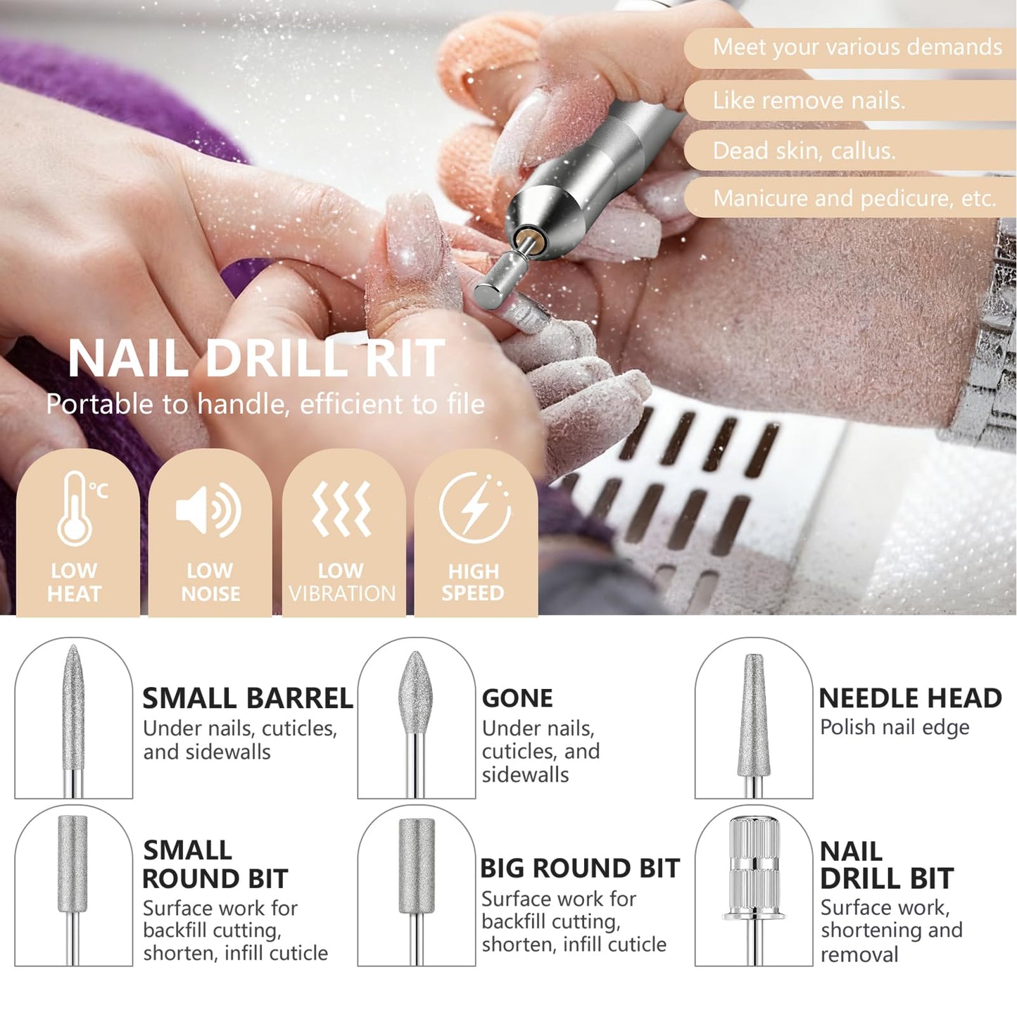 Professional Nail Drill Electric File, GEEZO 55000RPM Portable Cordless Nail Drill Machine with Bits, Rechargeable E File for Ac