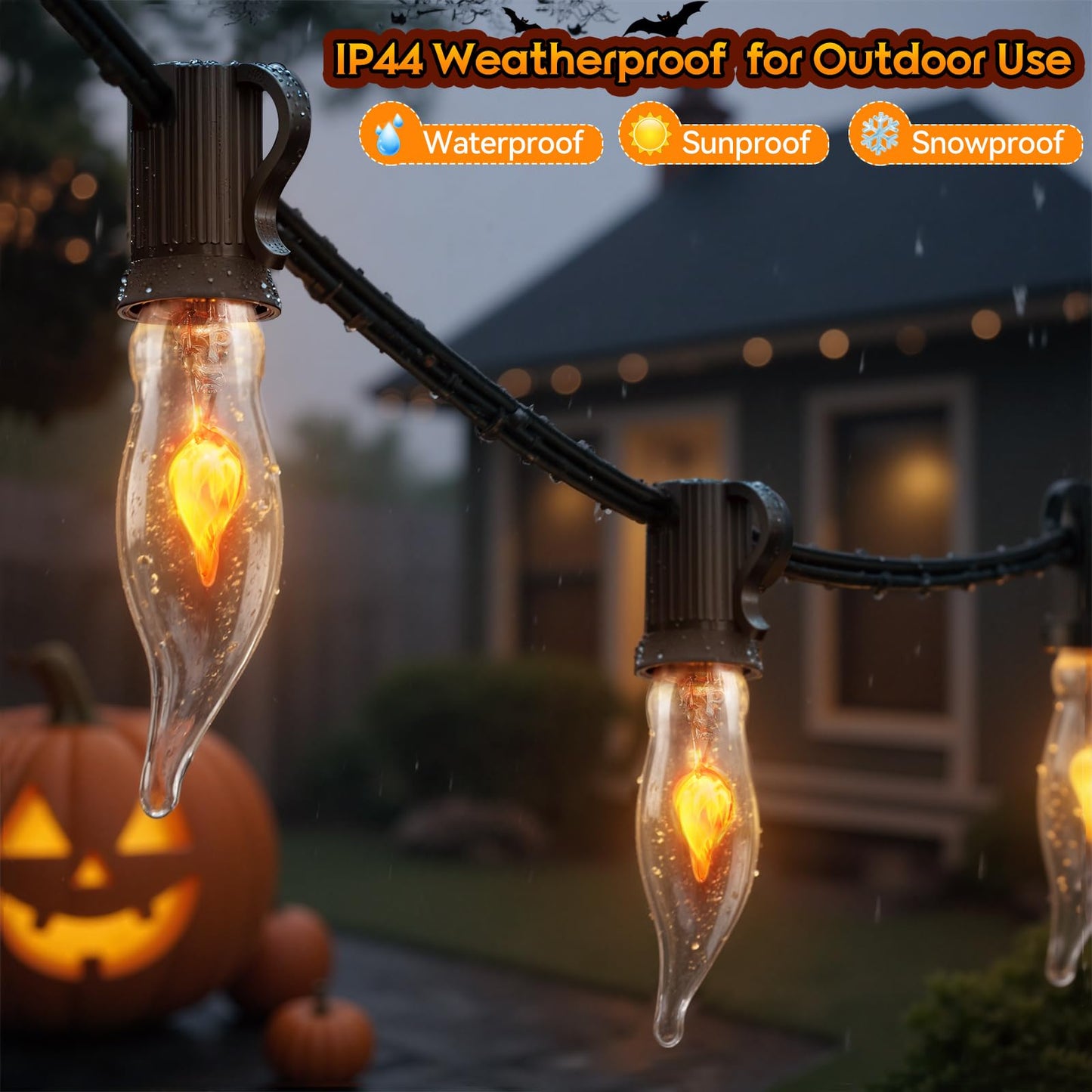 Hobbynors 50Ft Extra-Long Fall & Halloween String Lights 25 C18 Flicker Flame Bulbs For Outdoor Decor Waterproof & Connectable For Christmas Thanksgiving & Festive Party Ambiance