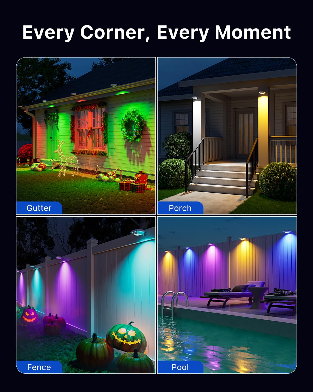 FALOVE Color Changing Solar Gutter Lights, 12 LED, Waterproof, White Shell - 8 Pack, RGB, Model CA-FA0416-RGB-8P