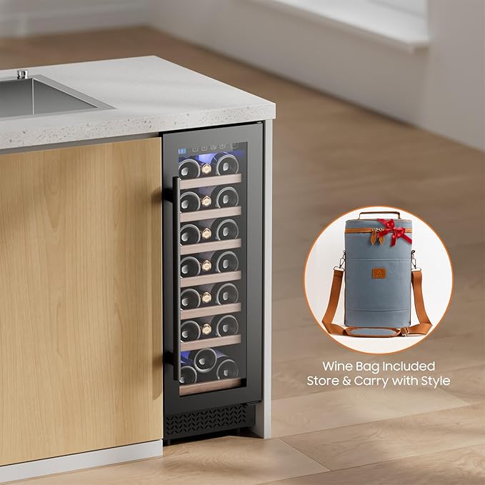 12" Wine Cooler Refrigerator 21 Bottle Wine Fridge Built-in or Freestanding with Double-Layer Tempered Glass Door Compressor quick cooling,Low Noise
