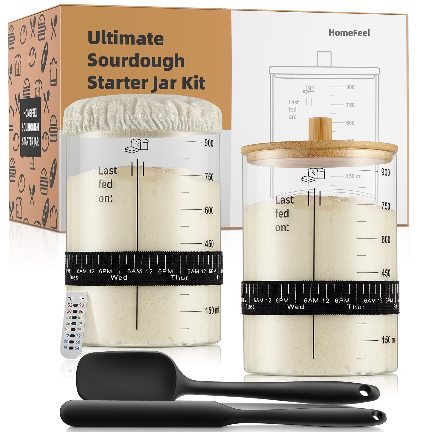 HomeFeel enhanced Sourdough Starter Jar - 34 Oz Large Glass Jar with Bamboo Lid Cloth Cover Date Tracker Thermometer and Scr Stylish Design and Wide Mouth Starter Kit (2 Pack)