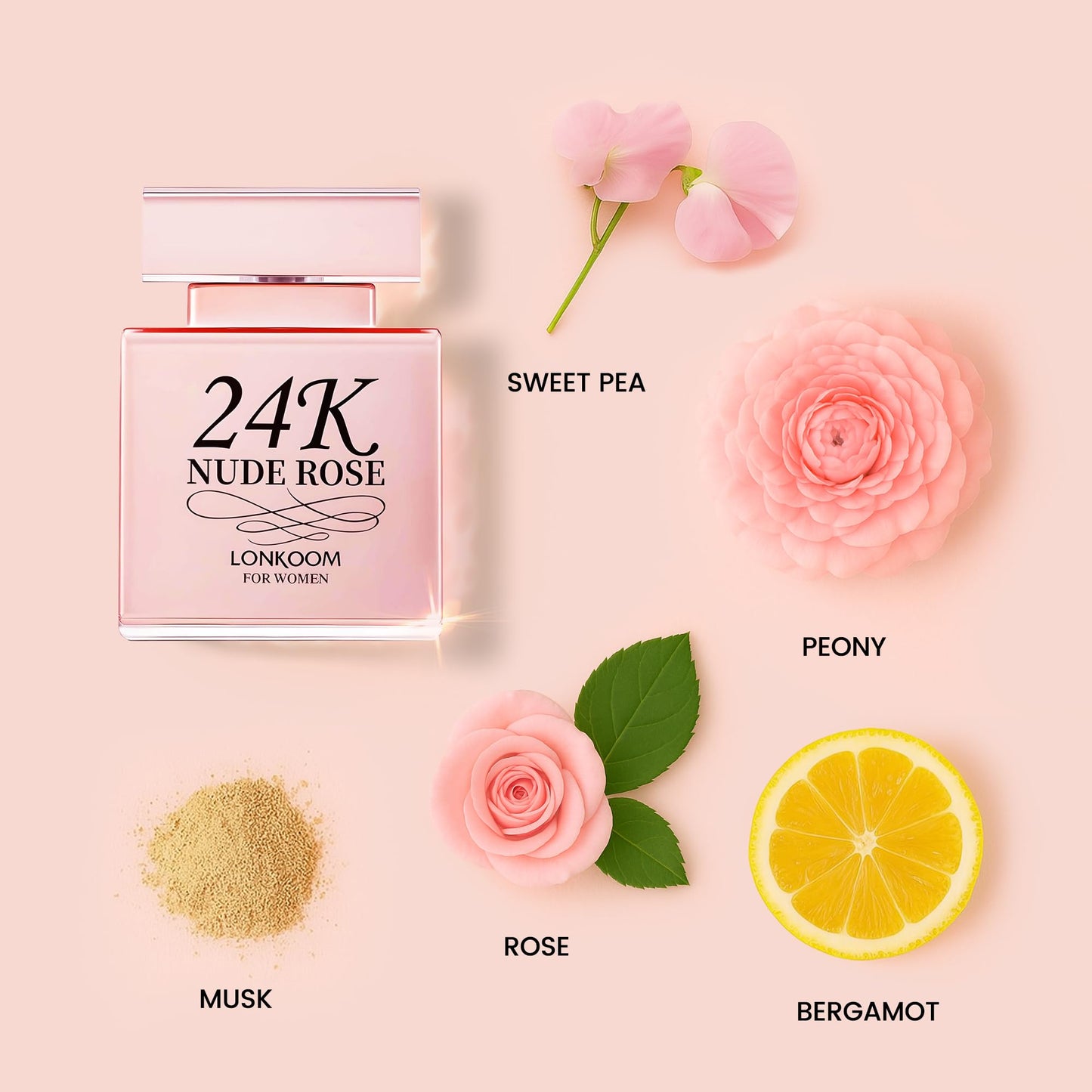 Lonkoom 24K Nude Rose Perfume for Women, 3.4 Fl Oz/100ml Eau de Parfum Spray Long-Lasting Fragrance, Floral Notes of Sweet Pea, Bergamot, Peony, Rose, Musk