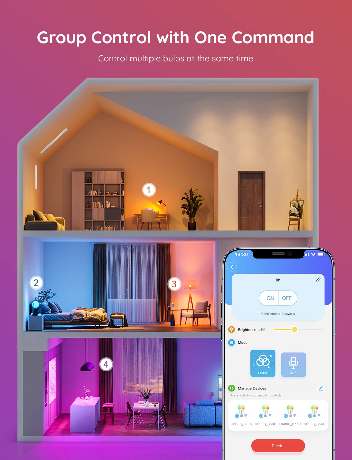 Govee Smart Light Bulbs, WiFi Bluetooth RGB Color Changing, 4 Count, Multi-colored, Model H6008, Music Sync, 54 Scenes