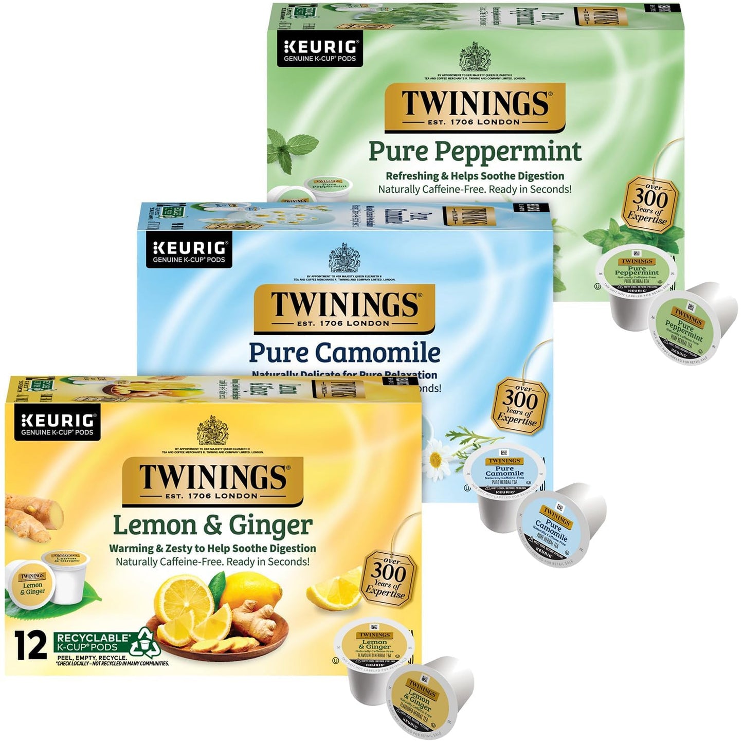 Twinings Herbal Tea K-Cup Pods for Keurig Variety 3-Pack - Pure Peppermint Pure Camomile + Lemon & Ginger Tea K-Cups Naturally Caffeine-Free 12 Count Each