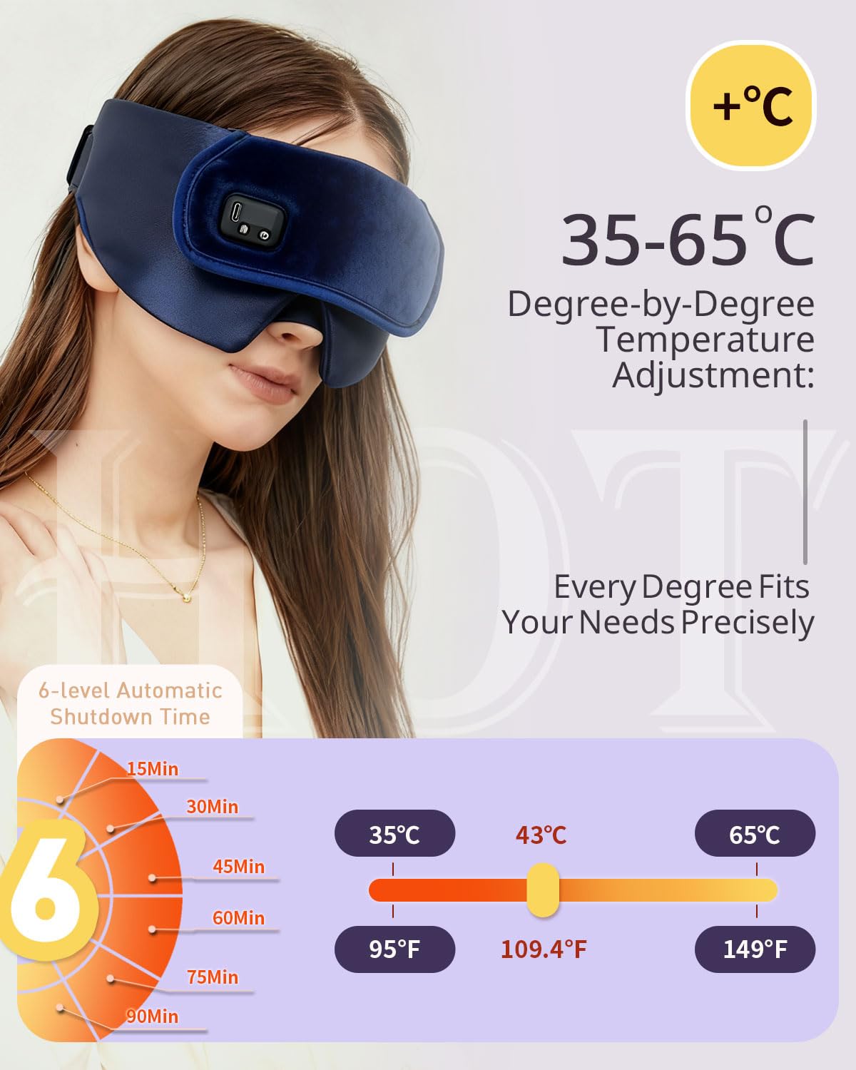 COMOIL 2500mAh Silk Cordless Heated Eye Mask, Quiet Velcro & Magnetic Detach,35-65℃ Stepless Precision Warm Eye Compress for Dry Eyes, 6 Timers,Washable Heating pad for Eye Care & Improved Sleep