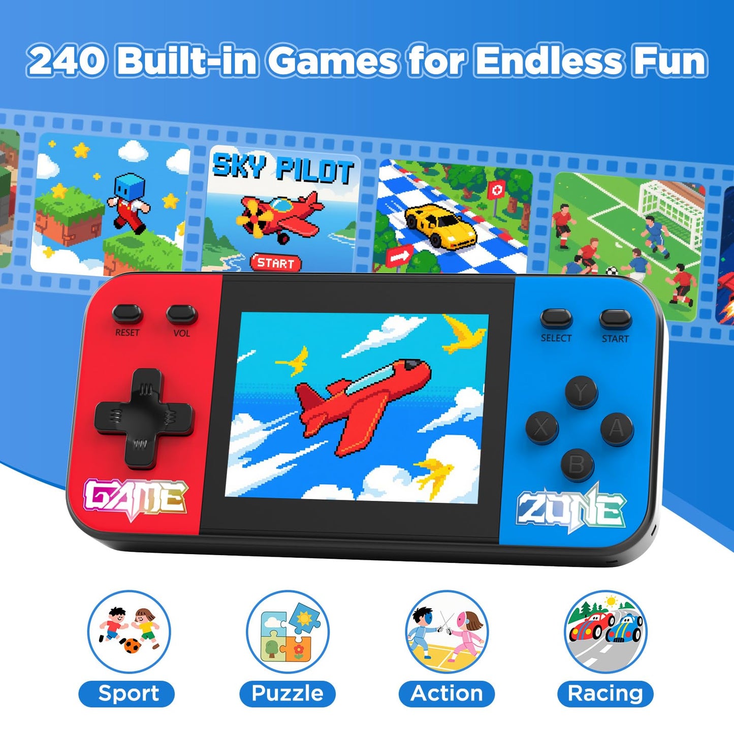 Handheld Game Console with 3.0 Inch LCD Screen, 240 Retro Classic Games, Rechargeable Battery Portable Mini Arcade - Electronic Travel Gift for Boys and Girls (Over 3-Years-Old)