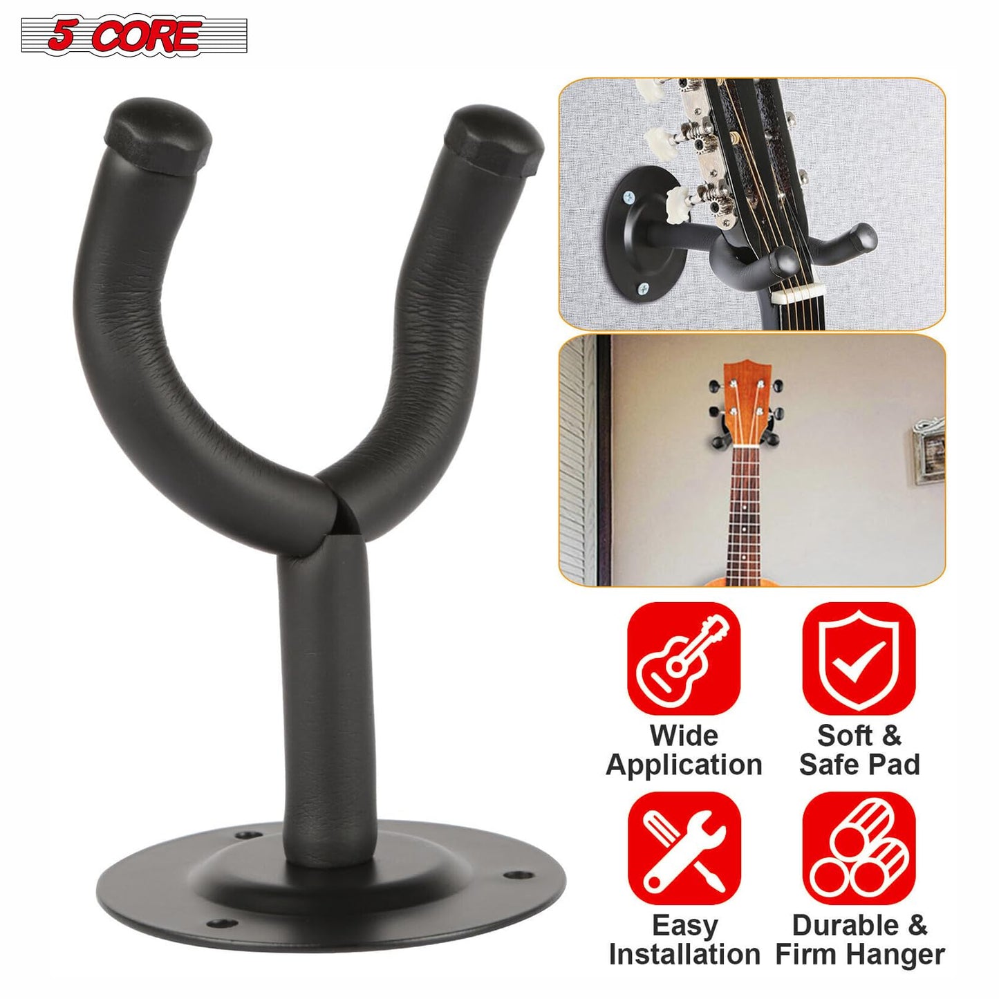 5 Core Guitar Wall Mount, Black V-Shaped Secure And Sturdy Hanger - 3 Pieces Holder For Acoustic, Electric, Bass, Mandolin - Wal
