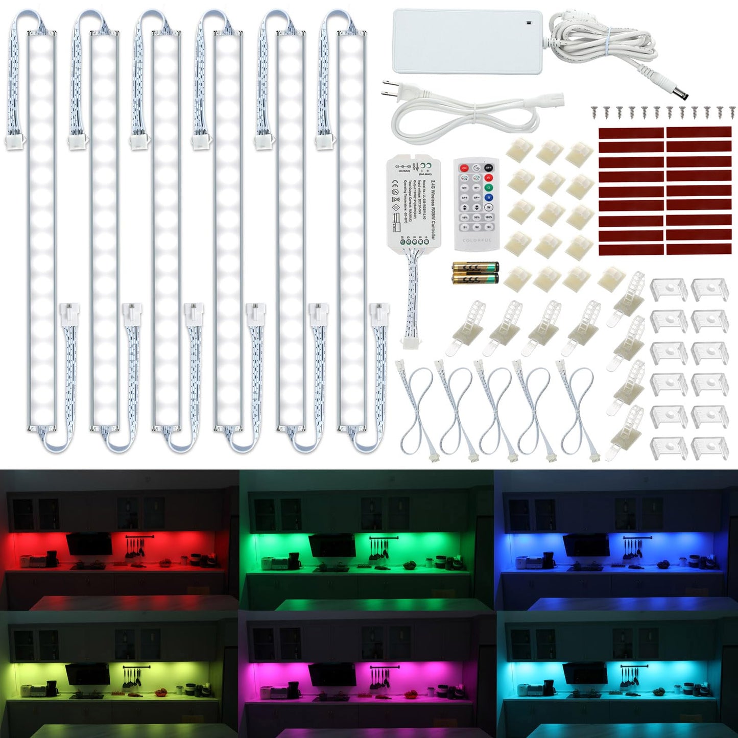 Under Cabinet LED Lights Kit. RGB Color Changing & Super Bright White Lighting. Dimmable with Remote. 6 pcs Linkable LED Light S