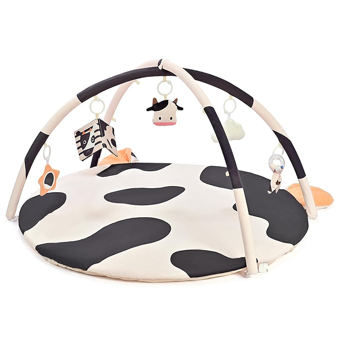 2PM SPORTS Cow Theme Baby Play Mat, Tummy Time Mat for Infant Newborn, Baby Play Gyms & Playmats for 0-3 3-6 6-12 Months, Activity Mat 5 Detachable Toys, Non Slip Gym Mat Easy to Install & Clean