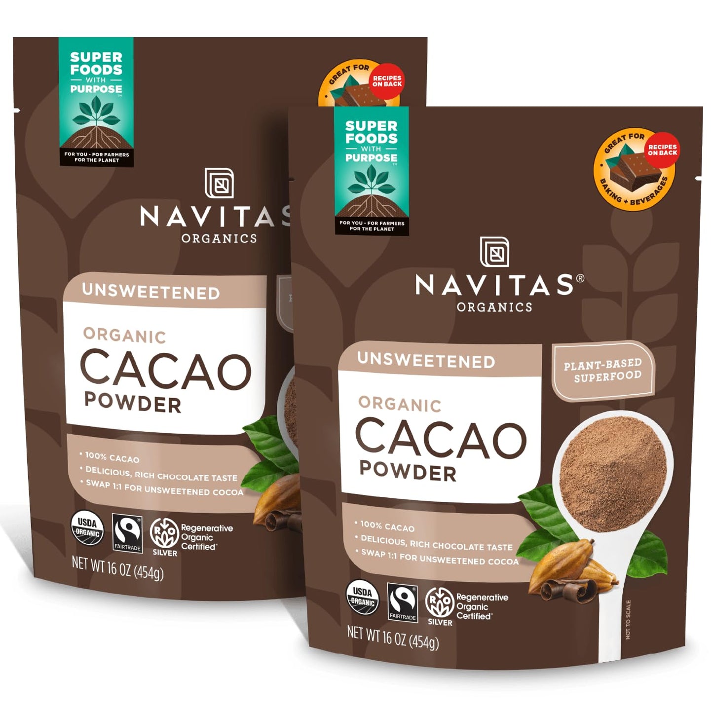 Navitas Organics Cacao Powder - Cocoa Powder Substitute 1:1 For Hot Chocolate Baking & More - Regenerative Organic Certified Non GMO Fairtrade Gluten Free Non-alkalized (16oz. Bag Pack of 2)