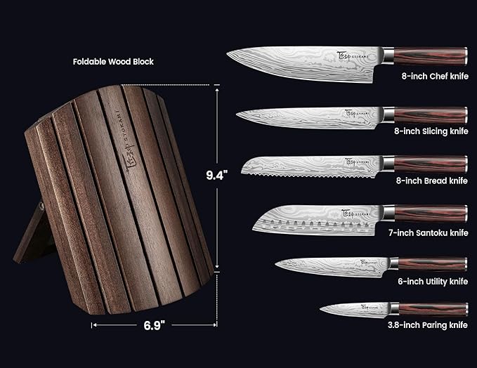 Knife Set 7 Piece Japanese Style Kitchen Knife Set With Foldable Magnetic Acacia Wood Block Sharp High Carbon Stainless Steel Knives Set for Kitchen with Anti-slip Handle, Christmas Gift