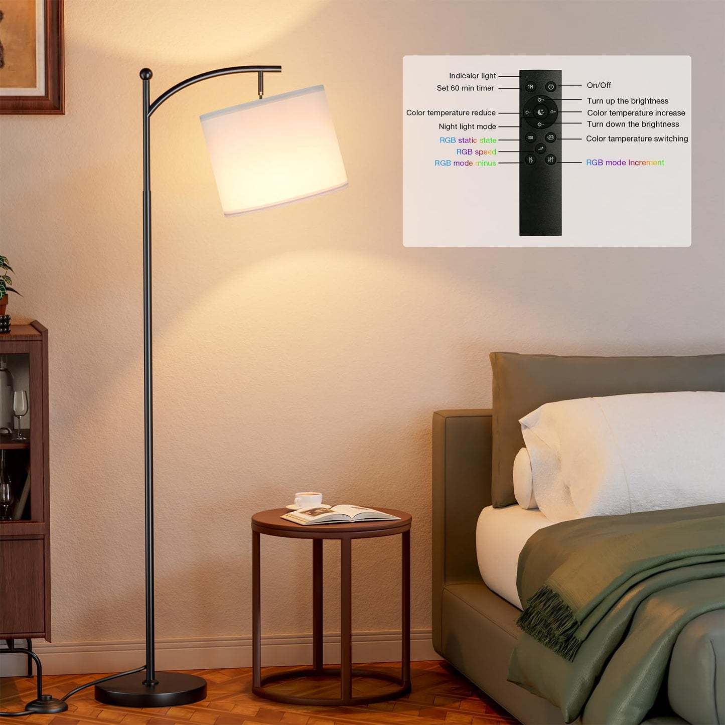 Ambimall Smart Floor Lamp with RGB Light Bulb, 60 inches, Dimmable, Iron, White Shade & Black Pole, Model RPT-QZB113RGB