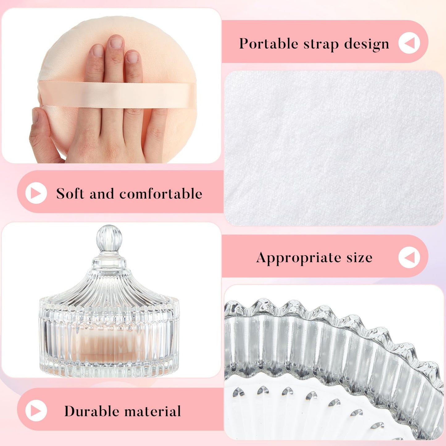 Tioncy 3 Pcs Extra Large Body Powder Puff and Container 5.43'' Glass Body Container with 5.12'' Powder Puff Glass Jar for Women'