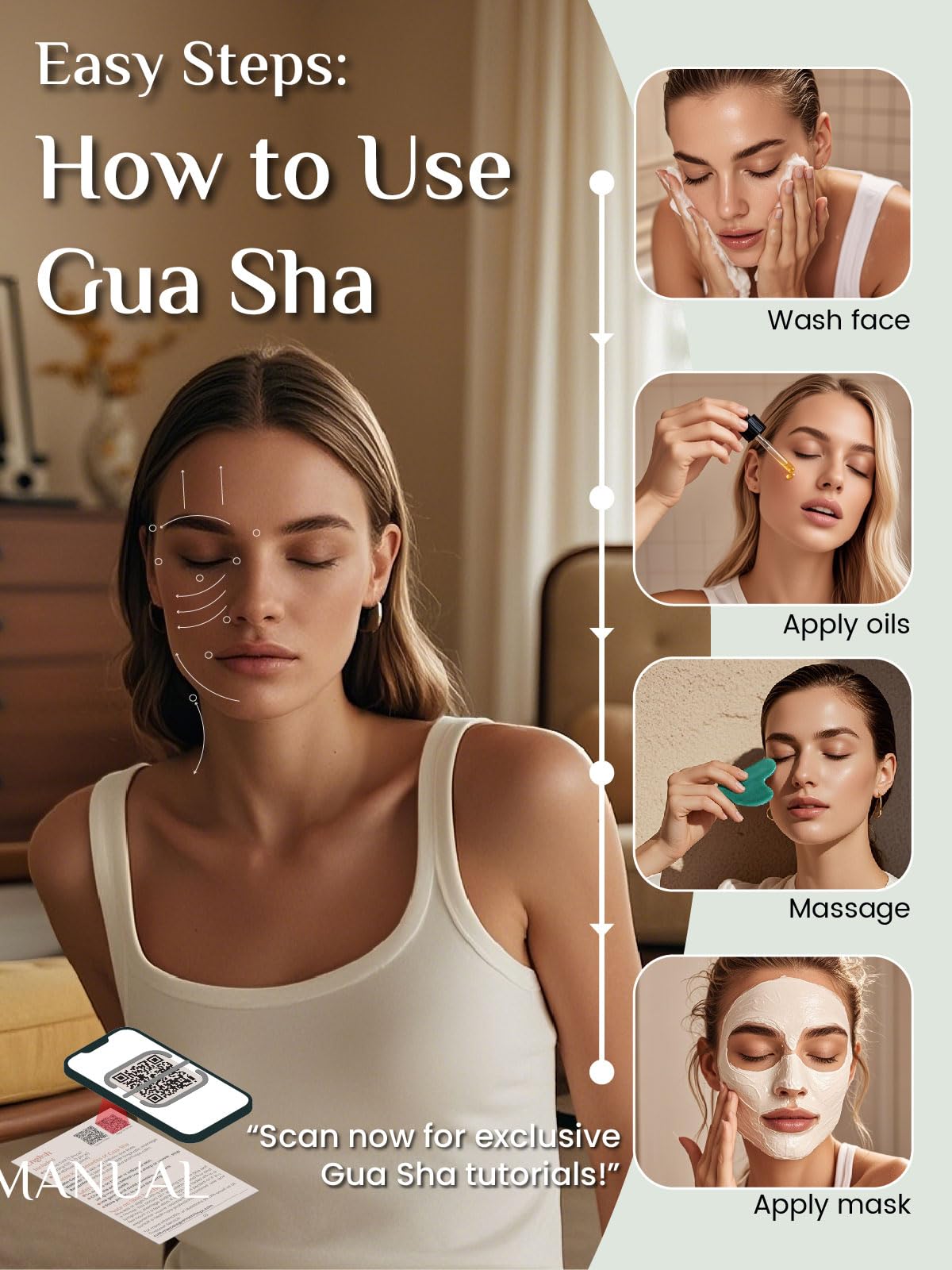 Rena Chris Gua Sha Facial Tools: Natural Jade Stone Guasha Tool for Face Acupuncture Therapy, Facial Massager for Jawline Sculpt