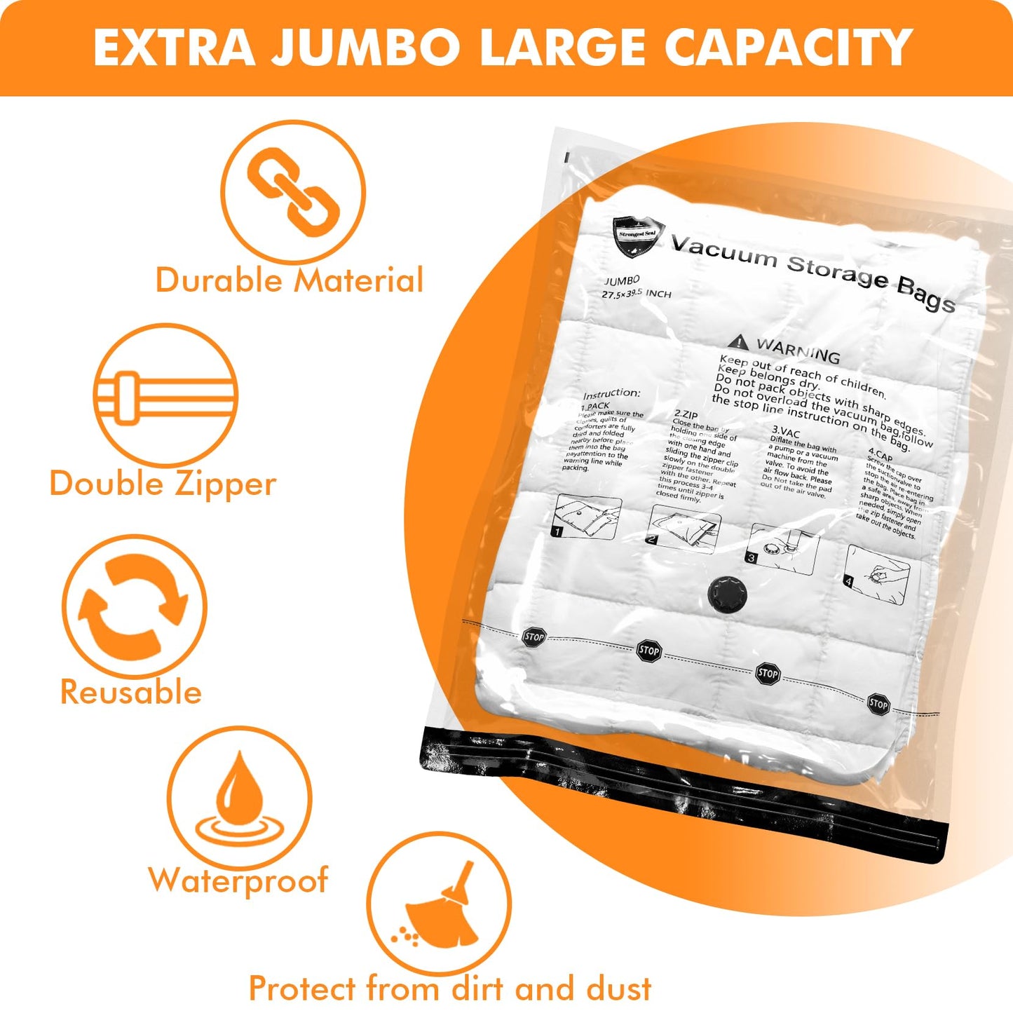 Vacuum Storage Bags Jumbo (12 x Jumbo),Plastic Packaging Bags,Space Saver Sealer Compression Bags for Blankets, Comforters, Pillows, Bedding,Clothes Storage