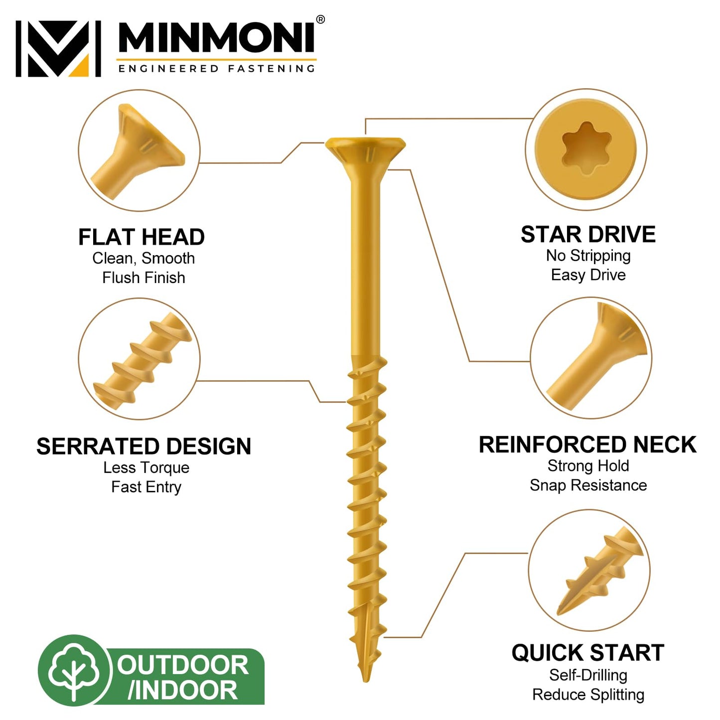 #10 x 2-1/2" Wood Screws (5 lb Box), Trox Flat-Head Exterior Deck Screws 360pcs, Multiple Size Available, Tan, T25 Star Bit Included