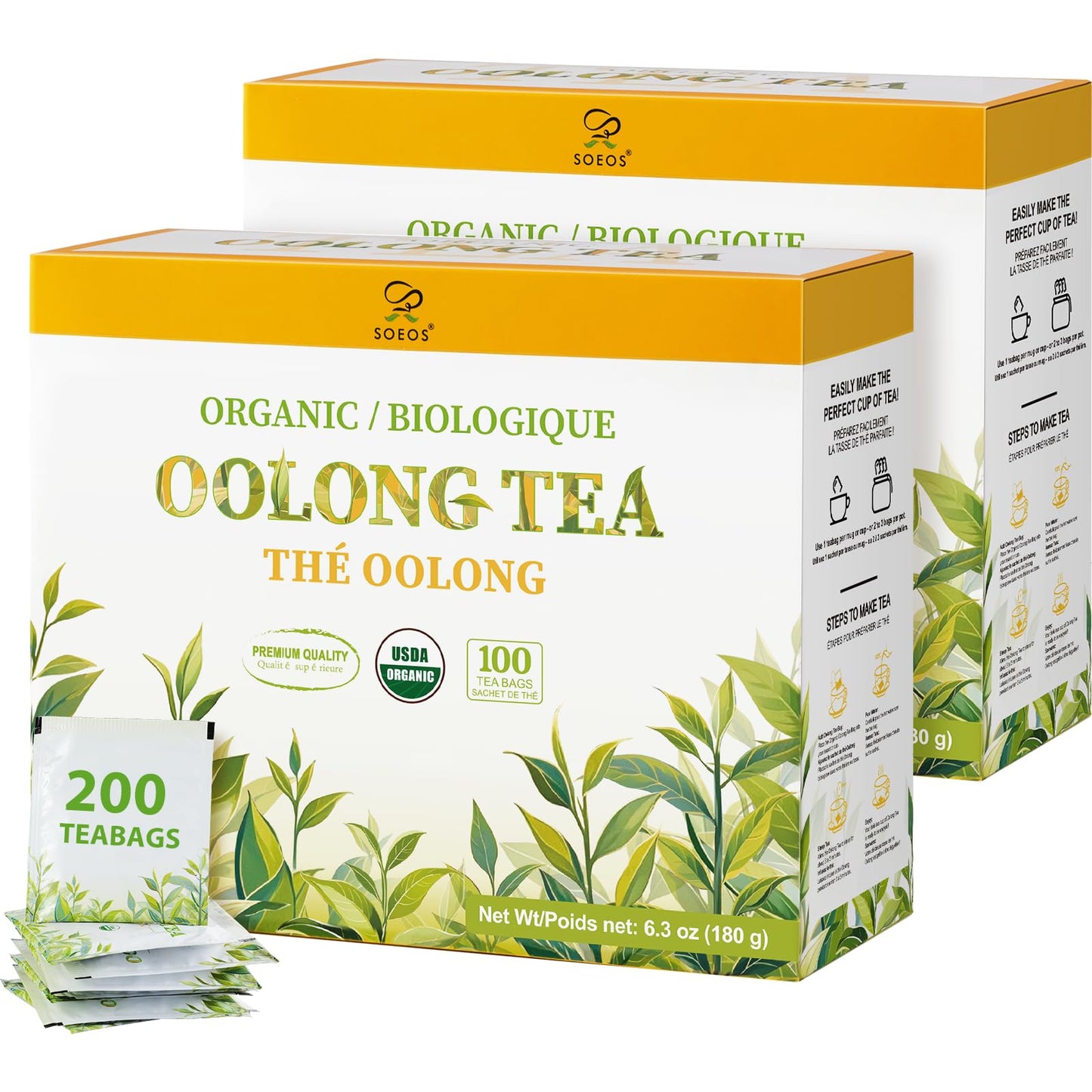 Soeos Organic Oolong Tea 200 Tea Bags (2 Pack) Low Caffeine Perfect Alternative to Coffee Hot and Cold Brew Fresh and Healthy Oolong Tea