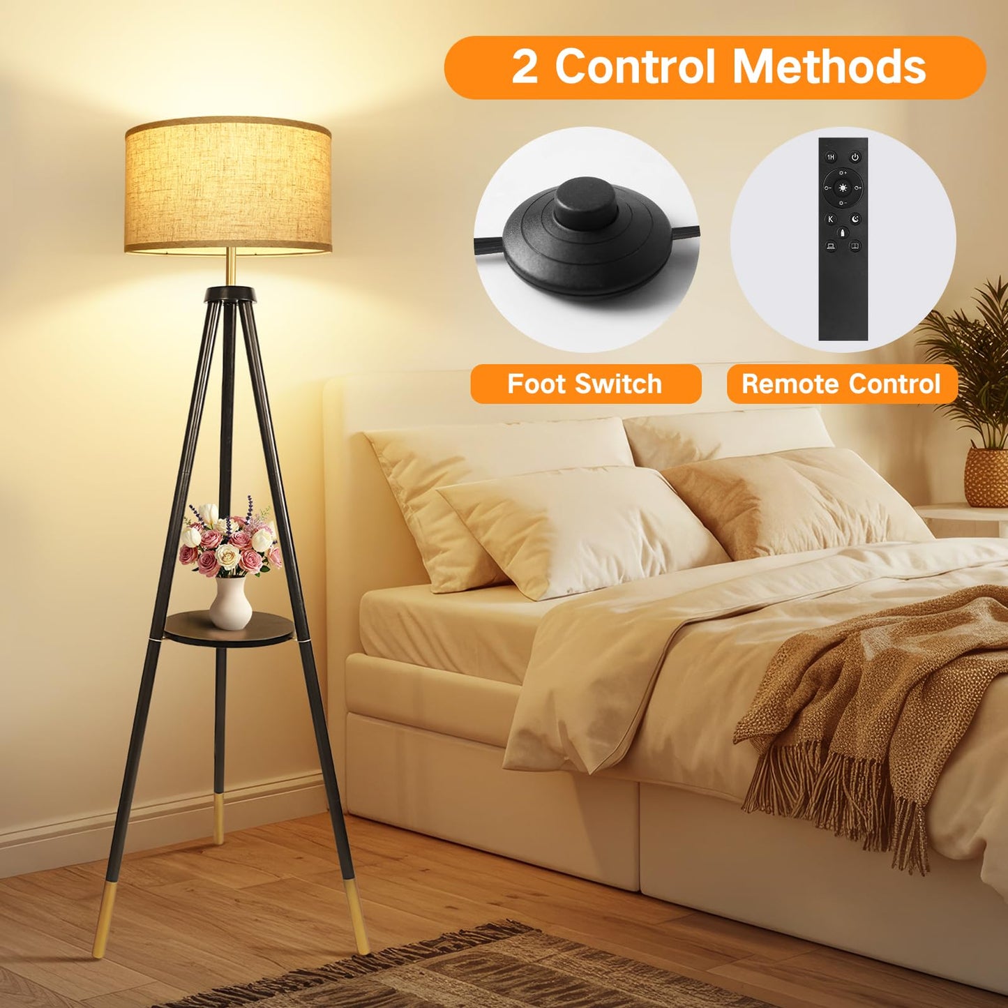 OUTON Wood Tripod Floor Lamp with Remote Control, Dimmable LED, 4 Color Temperatures, Black & Gold