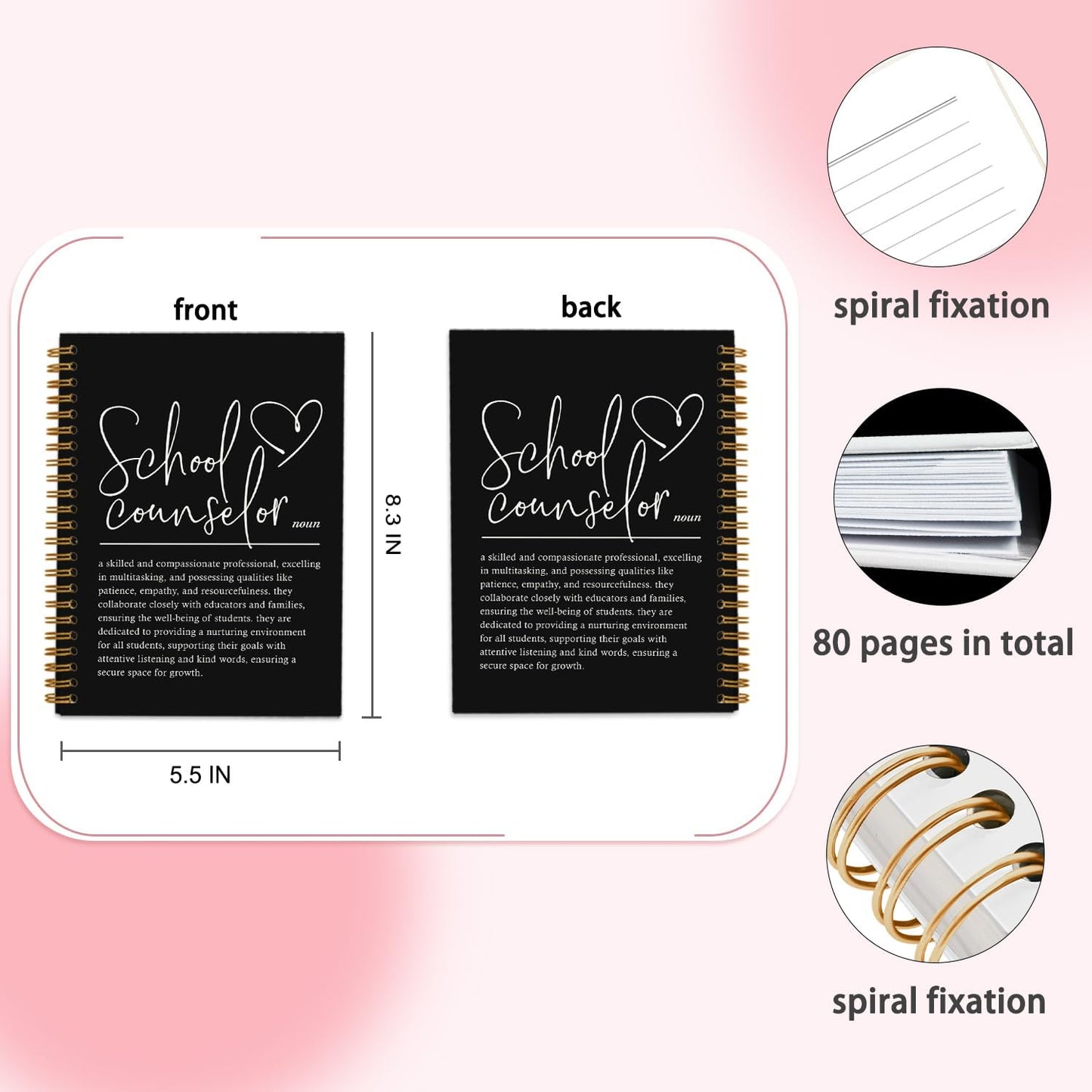 School Counselor Notebook Journal, School Counselor Gifts, Black Journaling Notebook School Supplies, Hardcover Lined Notebooks Spiral, 5.5x8.3